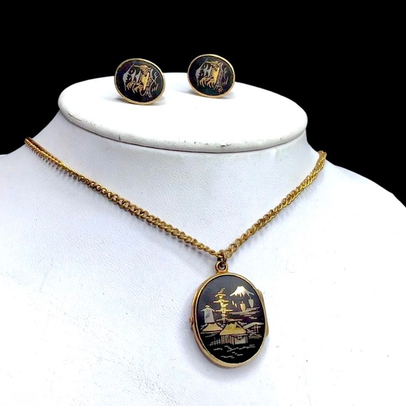 🌺Vintage 1940’s 24K Damascene Necklace & Earrings - Picture 10 of 15